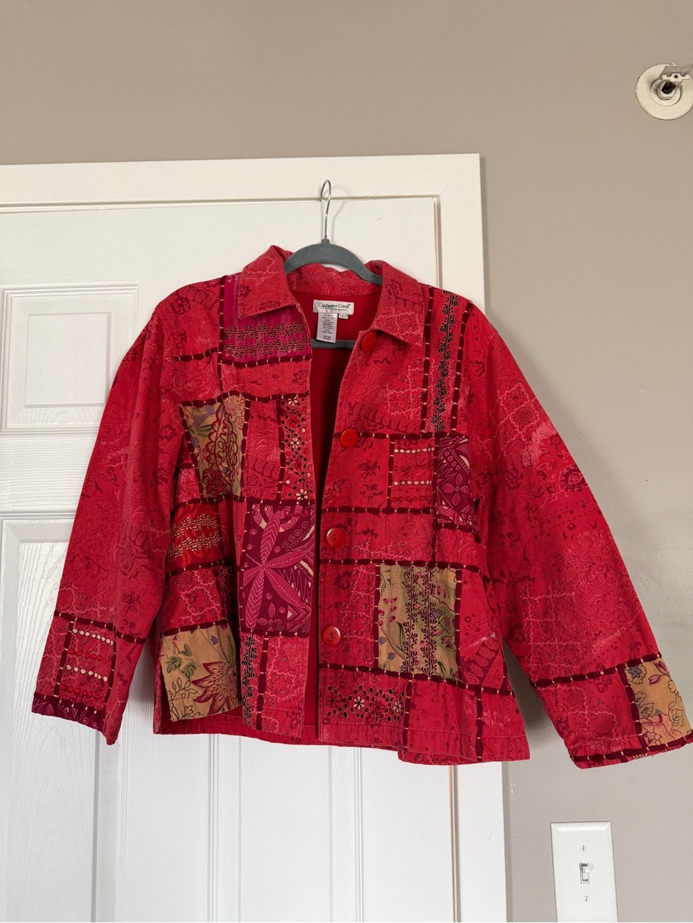 Coldwater Creek Patchwork Coral Summer Lightweight Jacket Boho Bohemian